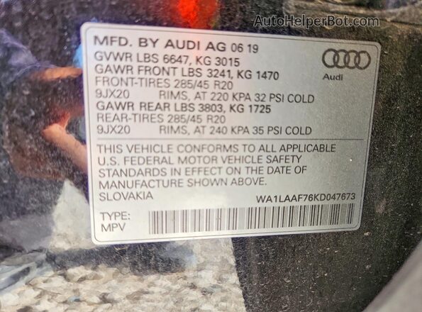WA1LAAF76KD047673 2019 AUDI Q7 Black VIN կոդի պիտակի տեսք