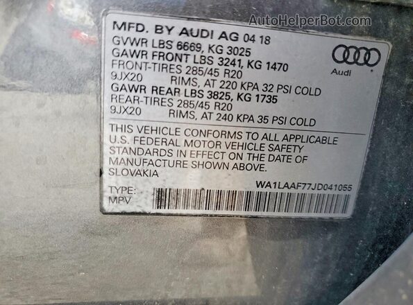 WA1LAAF77JD041055 2018 AUDI Q7 Gray Widok naklejki z numerem VIN