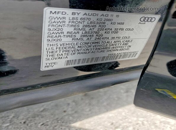 WA1LAAF78HD004607 2017 AUDI Q7 Black VIN კოდის სტიკერის ხედი