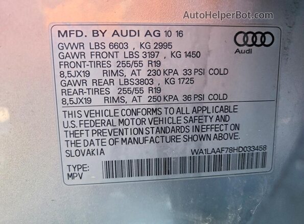 WA1LAAF78HD033458 2017 AUDI Q7 Silver VIN sticker view