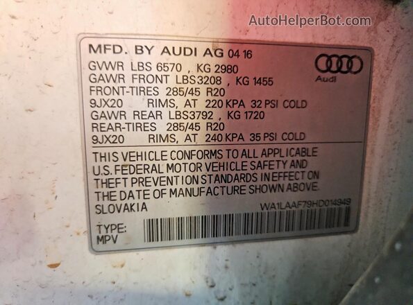 WA1LAAF79HD014949 2017 AUDI Q7 White Vista de la etiqueta del VIN