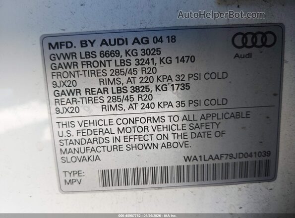 WA1LAAF79JD041039 2018 AUDI Q7 White Engine compartment view