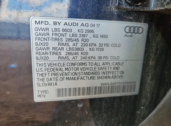 WA1LAAF7XHD056014 2017 AUDI Q7 Blue VIN sticker view