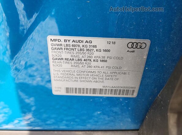 WA1LAAGE0KB002883 2019 AUDI E-TRON Blue Вид підкапотного простору