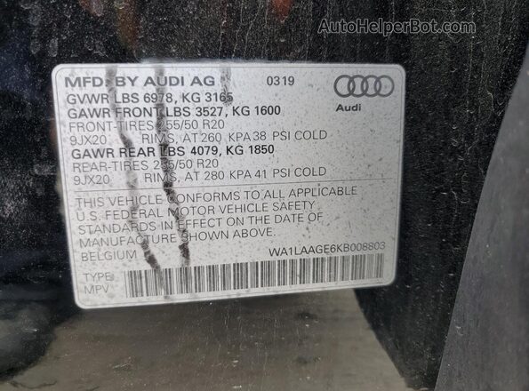 WA1LAAGE6KB008803 2019 AUDI E-TRON Gray Widok naklejki z numerem VIN
