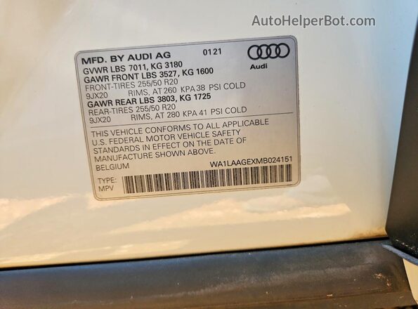 WA1LAAGEXMB024151 2021 AUDI E-TRON White Widok naklejki z numerem VIN