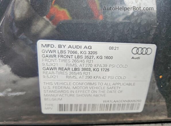WA1LAAGEXNB005293 2022 AUDI E-TRON Charcoal VIN კოდის სტიკერის ხედი