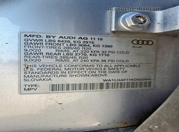 WA1LHAF71KD022904 2019 AUDI Q7 Silver VIN կոդի պիտակի տեսք