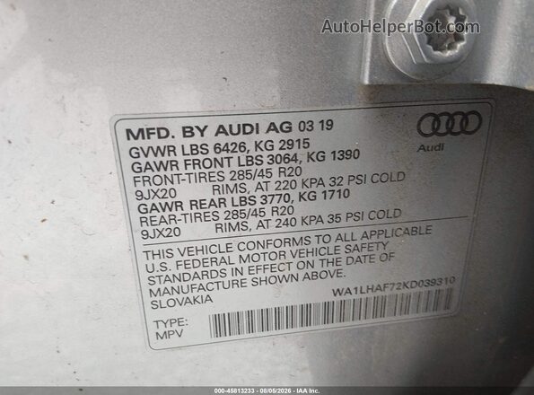 WA1LHAF72KD039310 2019 AUDI Q7 Silver Engine compartment view