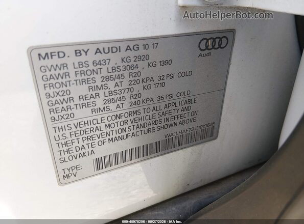 WA1LHAF73JD019646 2018 AUDI Q7 White ძრავის განყოფილების ხედი