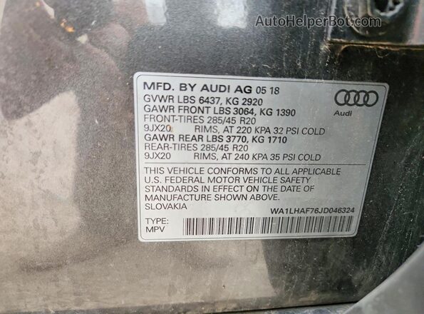 WA1LHAF76JD046324 2018 AUDI Q7 Gray Widok naklejki z numerem VIN