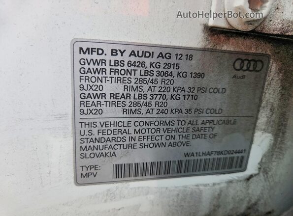 WA1LHAF78KD024441 2019 AUDI Q7 White Панорамний вид салону 360°