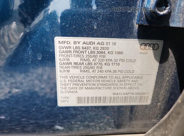 WA1LHAF7XJD029672 2018 AUDI Q7 Blue 
