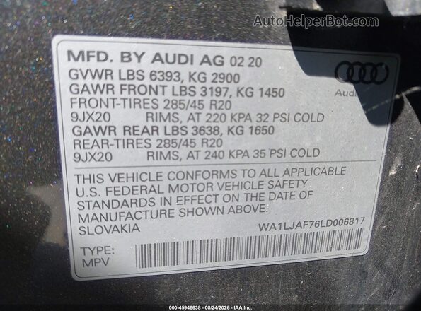 WA1LJAF76LD006817 2020 AUDI Q7 Gray Engine compartment view