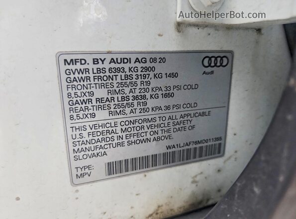 WA1LJAF76MD011355 2021 AUDI Q7 White VIN կոդի պիտակի տեսք
