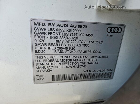 WA1LJAF77LD010004 2020 AUDI Q7 White VIN կոդի պիտակի տեսք