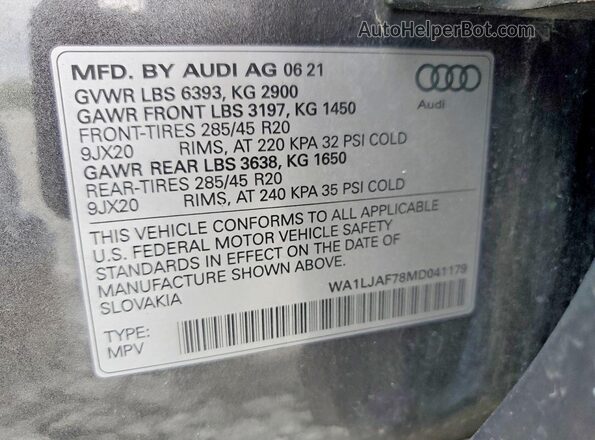 WA1LJAF78MD041179 2021 AUDI Q7 Gray VIN կոդի պիտակի տեսք