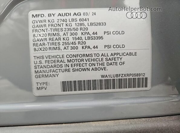 WA1LUBFZXRP058912 2024 AUDI Q4 Gray Widok naklejki z numerem VIN