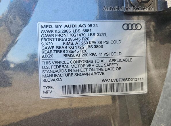 WA1LVBF78SD012711 2025 AUDI Q7 Gray Вид наклейки з VIN-кодом