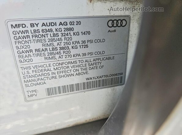 WA1LXAF70LD006259 2020 AUDI Q7 White VIN sticker view