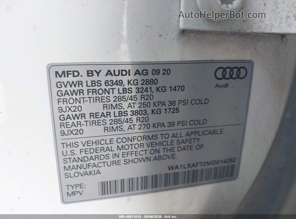 WA1LXAF72MD014252 2021 AUDI Q7 White ძრავის განყოფილების ხედი
