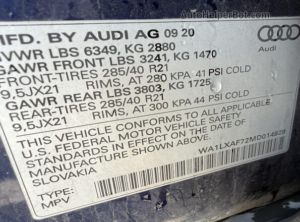 WA1LXAF72MD014929 2021 AUDI Q7 Blue VIN sticker view