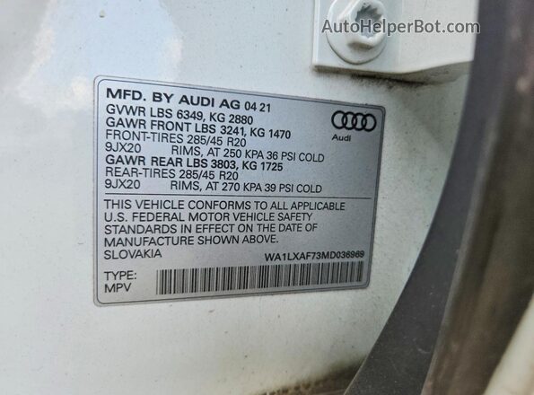 WA1LXAF73MD036969 2021 AUDI Q7 White VIN կոդի պիտակի տեսք