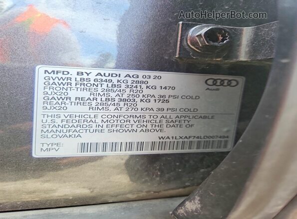 WA1LXAF74LD007494 2020 AUDI Q7 Gray VIN კოდის სტიკერის ხედი