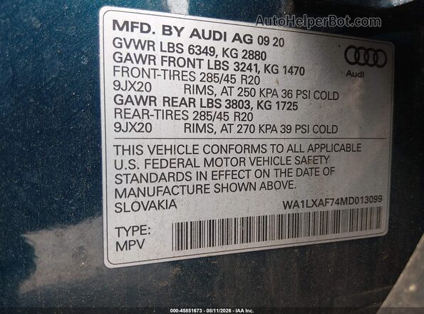WA1LXAF74MD013099 2021 AUDI Q7 Blue Вид підкапотного простору