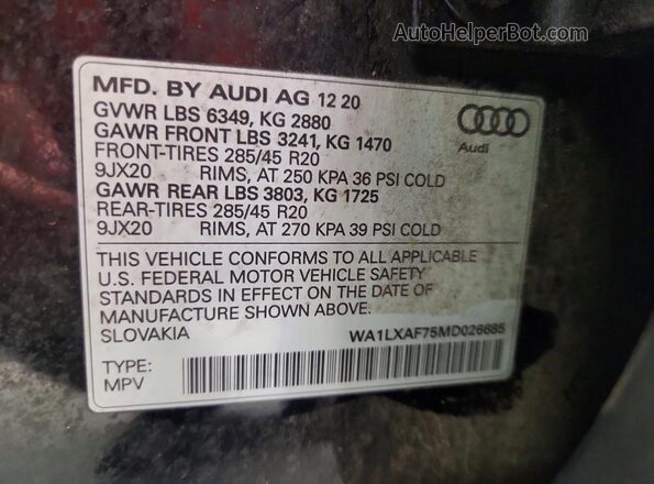 WA1LXAF75MD026685 2021 AUDI Q7 Black VIN կոդի պիտակի տեսք