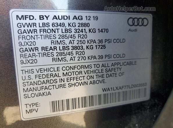 WA1LXAF77LD003553 2020 AUDI Q7 Gray VIN կոդի պիտակի տեսք