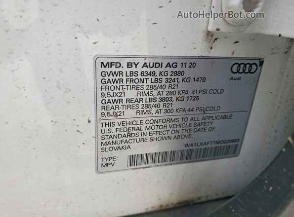 WA1LXAF77MD020693 2021 AUDI Q7 White VIN კოდის სტიკერის ხედი