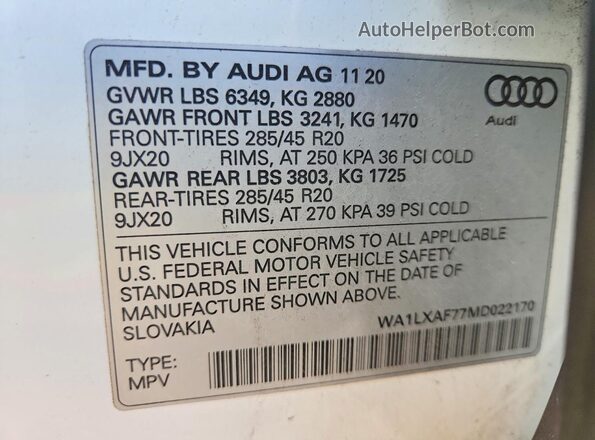 WA1LXAF77MD022170 2021 AUDI Q7 White Widok naklejki z numerem VIN