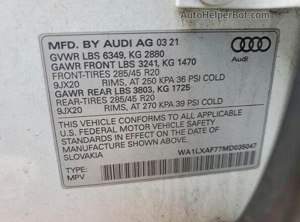 WA1LXAF77MD035047 2021 AUDI Q7 White VIN კოდის სტიკერის ხედი