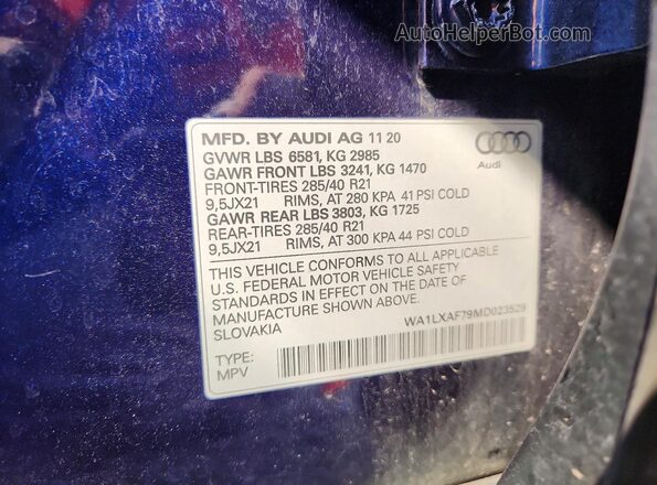 WA1LXAF79MD023529 2021 AUDI Q7 Blue Vista de la etiqueta del VIN