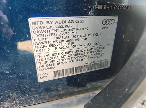 WA1LXBF74ND001431 2022 AUDI Q7 Blue ძრავის განყოფილების ხედი