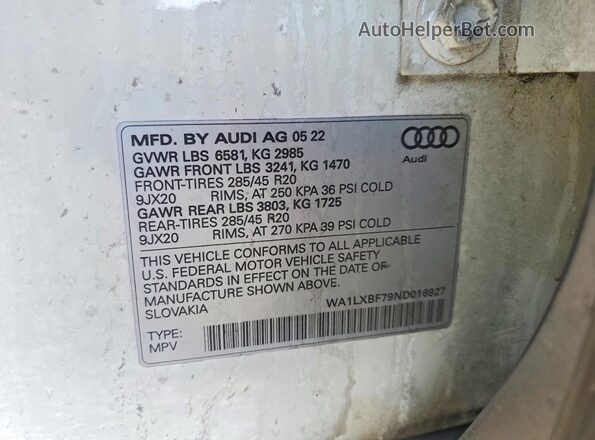 WA1LXBF79ND016927 2022 AUDI Q7 White Widok naklejki z numerem VIN