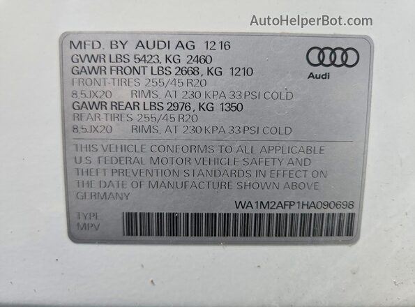 WA1M2AFP1HA090698 2017 AUDI Q5 White VIN კოდის სტიკერის ხედი