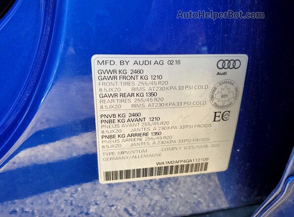 WA1M2AFP4GA112109 2016 AUDI Q5 Blue VIN sticker view