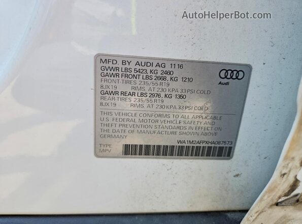 WA1M2AFPXHA087573 2017 AUDI Q5 White VIN კოდის სტიკერის ხედი