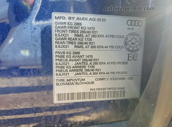 WA1MXBF79PD018040 2023 AUDI Q7 Blue Вид наклейки з VIN-кодом