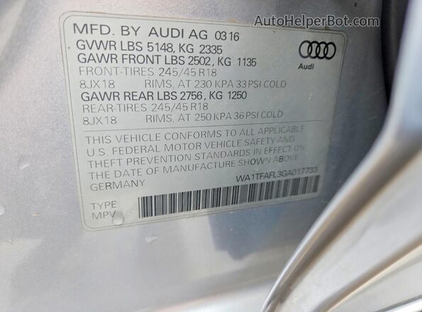 WA1TFAFL3GA017733 2016 AUDI A4 Silver Engine compartment view