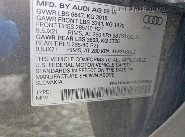 WA1VAAF70KD003550 2019 AUDI Q7 Gray Vista de la etiqueta del VIN