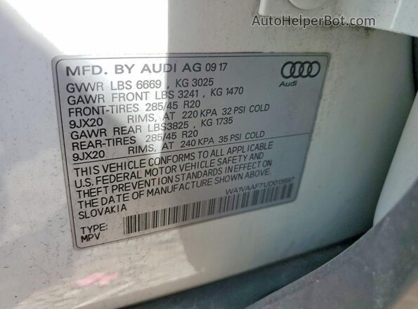 WA1VAAF71JD013597 2018 AUDI Q7 White VIN կոդի պիտակի տեսք