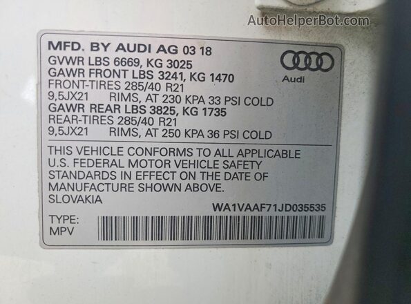 WA1VAAF71JD035535 2018 AUDI Q7 White VIN კოდის სტიკერის ხედი
