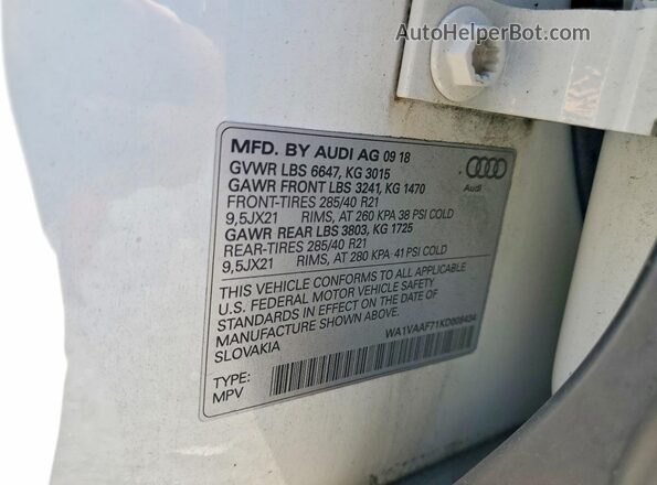 WA1VAAF71KD008434 2019 AUDI Q7 White Widok naklejki z numerem VIN