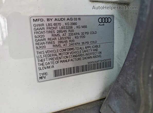 WA1VAAF72HD011111 2017 AUDI Q7 White VIN կոդի պիտակի տեսք