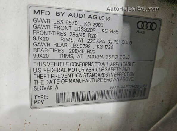 WA1VAAF72HD012131 2017 AUDI Q7 White VIN კოდის სტიკერის ხედი