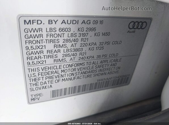 WA1VAAF72HD030211 2017 AUDI Q7 White Շարժիչի բաժամունքի տեսք