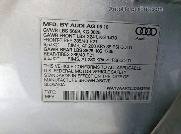 WA1VAAF72JD043708 2018 AUDI Q7 Silver Widok naklejki z numerem VIN